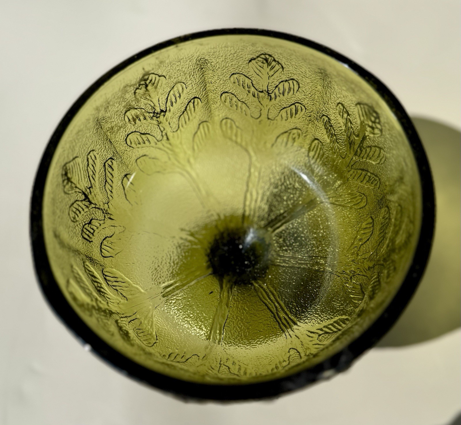 Vintage FTD Green Pressed Glass Pedestal Compote Bowl Leaf Pattern Round
