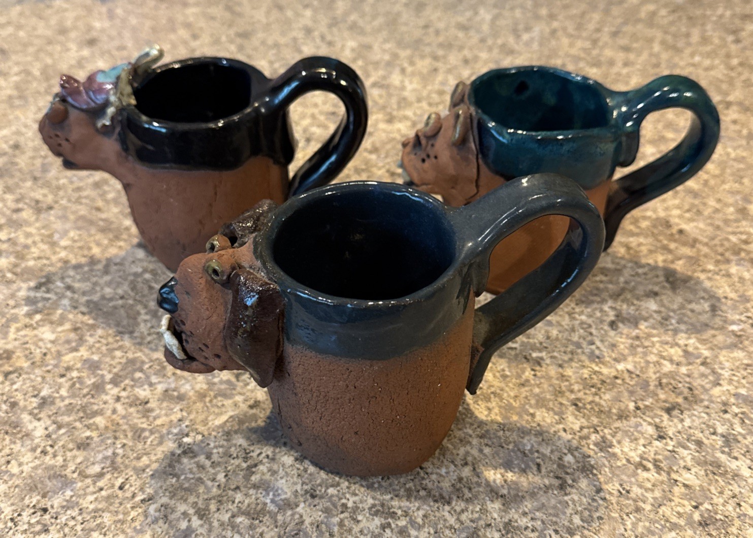 Set of 3 Vintage 1988 Studio Pottery Weirdo Animal Critter Mugs Signed, Read