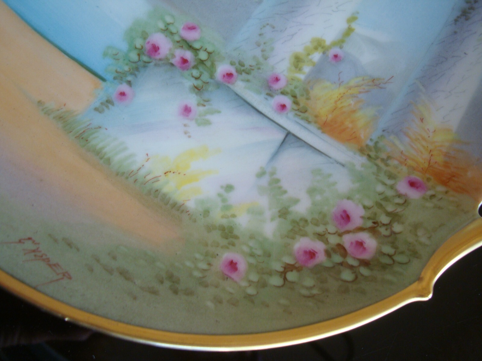 PICKARD HAND PAINTED VELLUM SIGNED “GASPER” CAKE PLATE, ITALIAN GARDEN, 10″