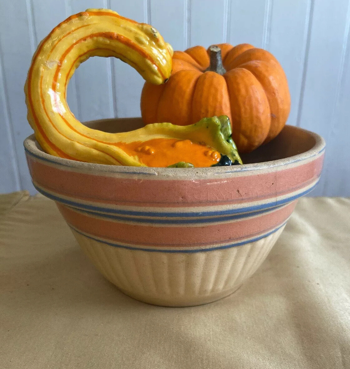 Antique Yelloware Bowl Nesting Mixing Blue Pink Stripes Small 6.25 in. #2 Bx1