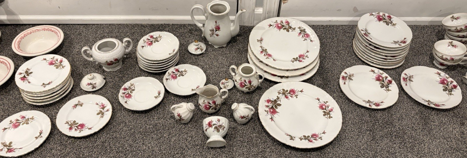 Unmarked Porcelain Floral Dinner Set White/Pink/Green w/ Gold Trim Teapot