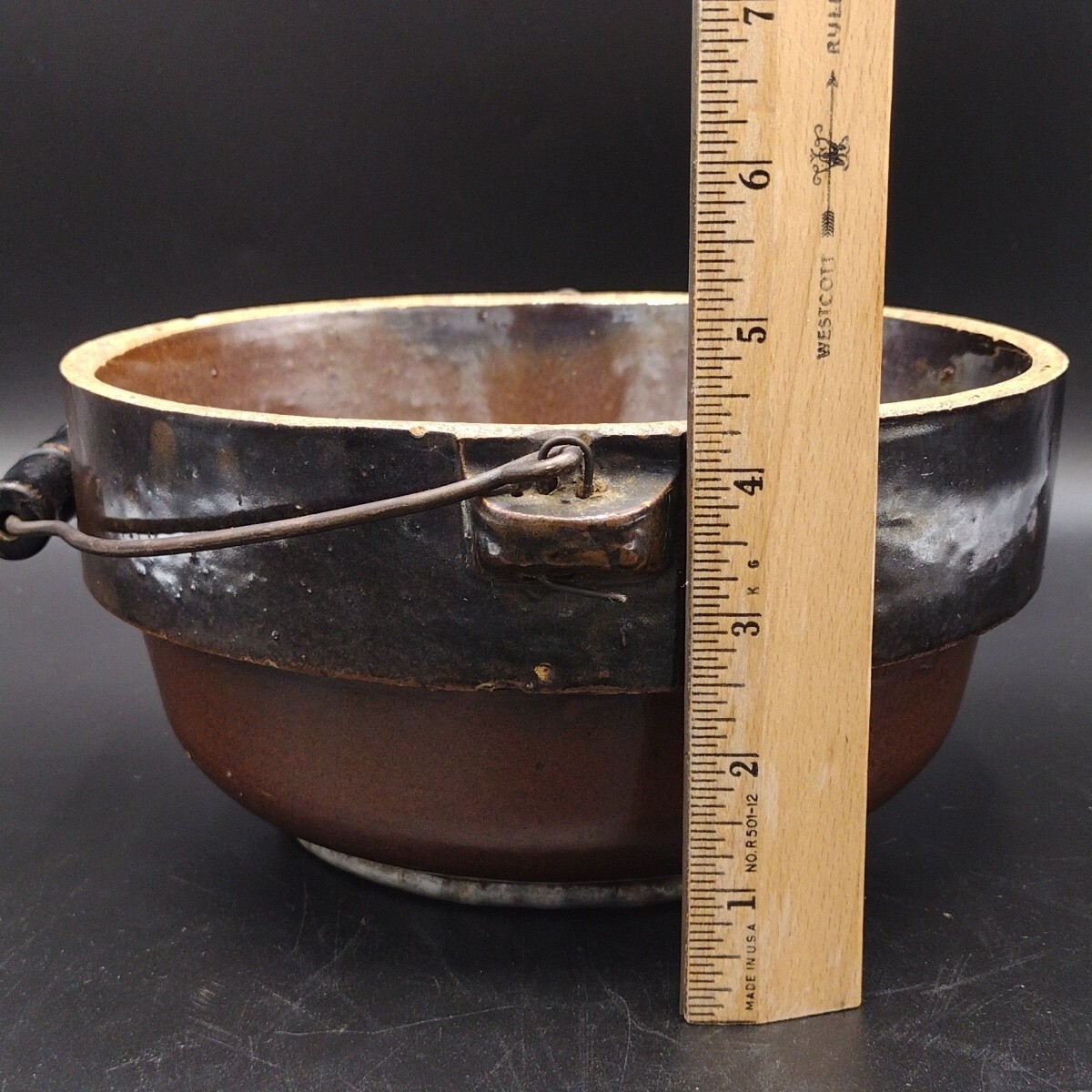 Antique Stoneware Salt Glaze8¾” Crock Mixing Bowl Wire Handle Metal Bottom Brown