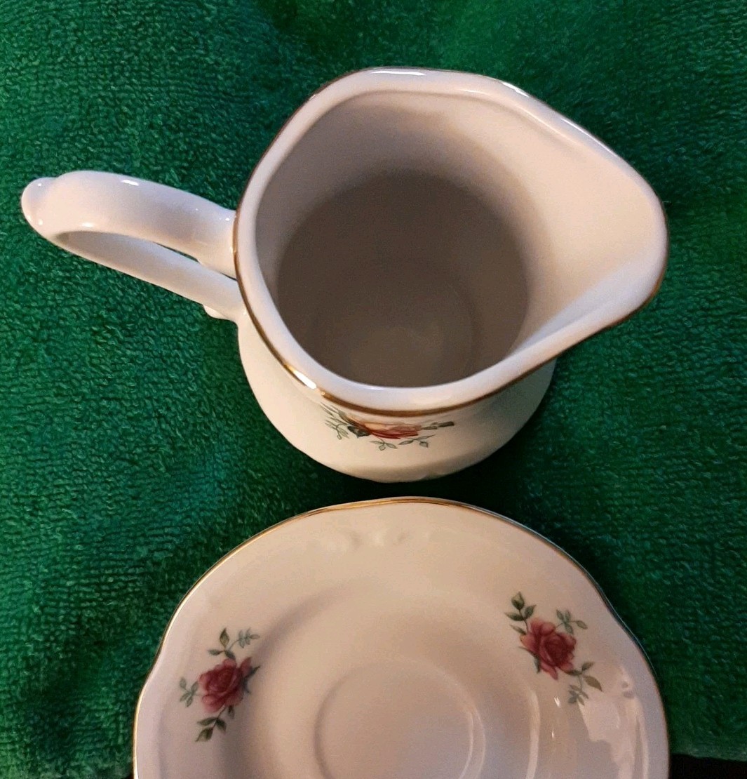 WTOCTAWEK CHINA Made In POLAND FLORAL ROSE 3½” Tall CREAMER AND SAUCER Vintage