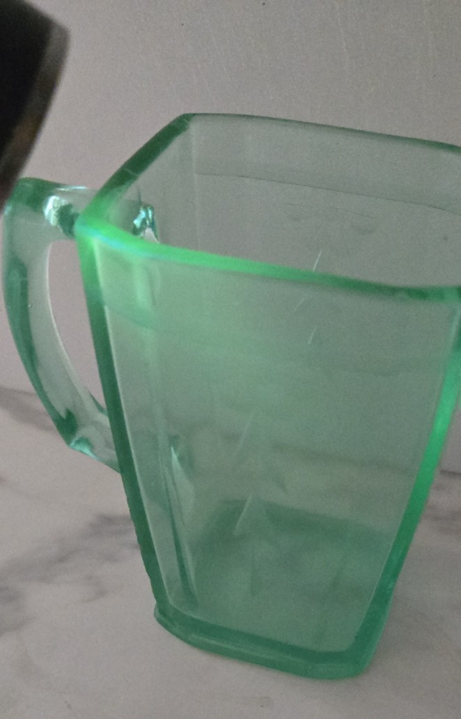 Vintage Uranium Vaseline Glass Etched Pitcher Antique GLOWS Nice 4.25″x2.5x 5″