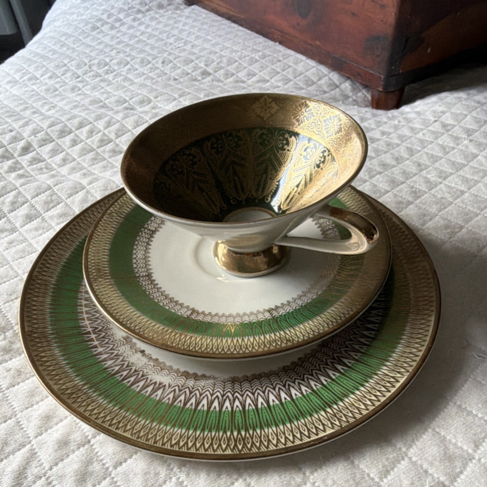 Vintage Mitterteich Bavaria Emerald Green Gold Gilt Tea Trio Germany