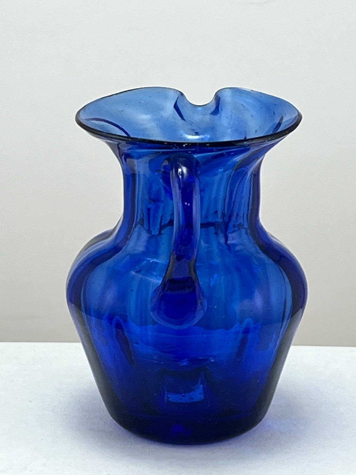 Hand Blown Cobalt Blue Swirl Glass Creamer Small Pitcher with Applied Handle 3″