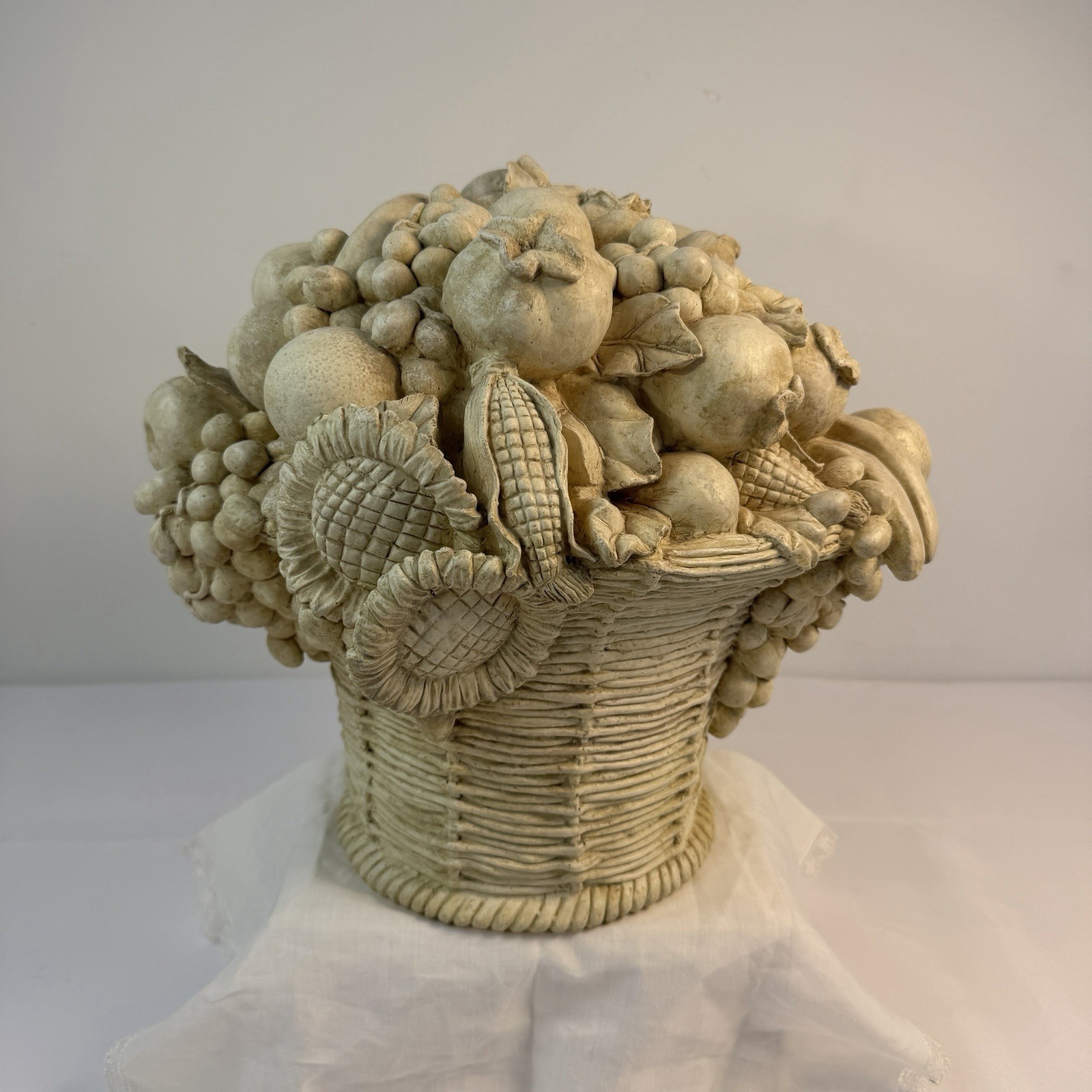 Large Resin Fruit & Flower Basket Centerpiece 12”H Off White Garden Boho Cottage