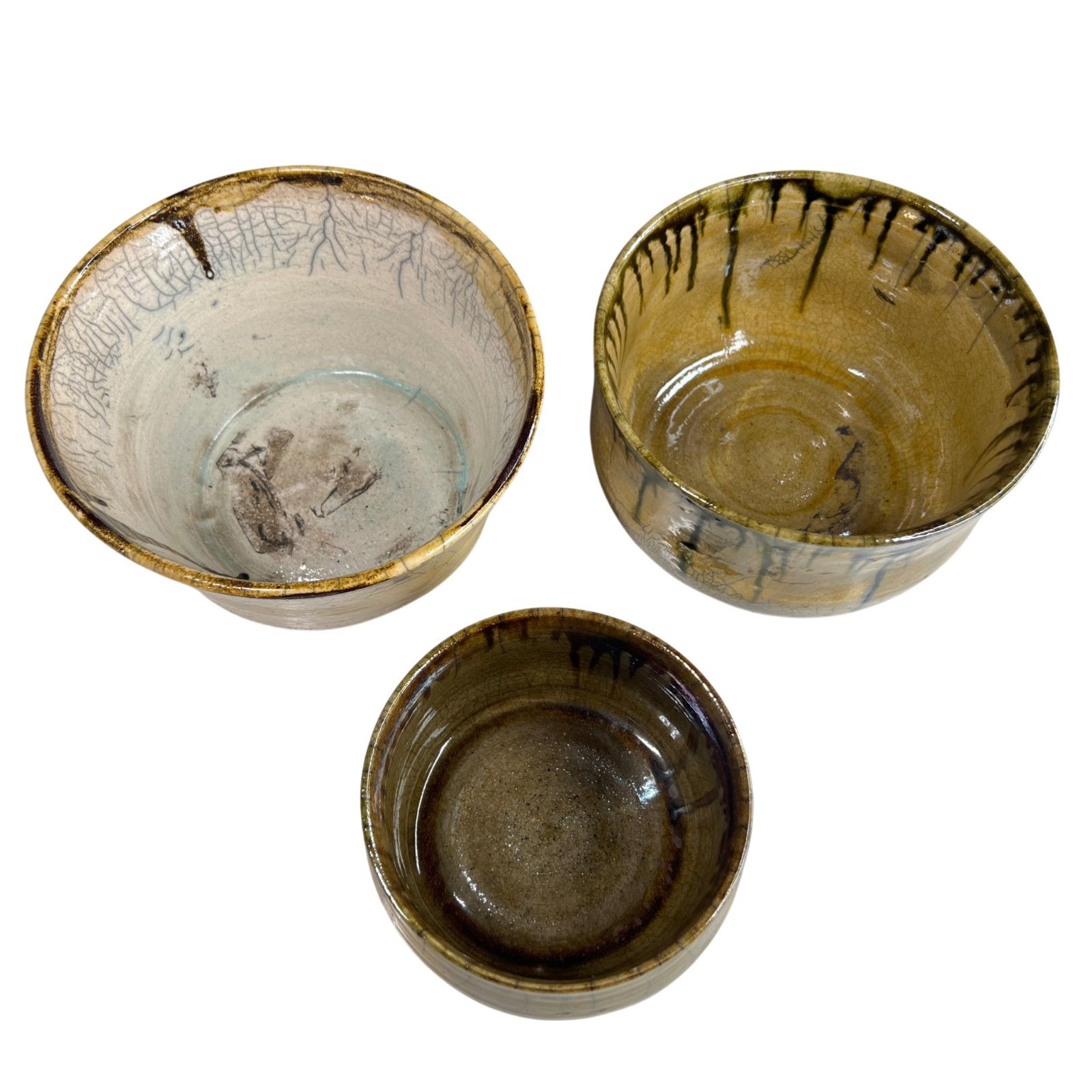 Handmade Studio Pottery Bowl Set 3 Signed Alyce Drip Glaze Ceramic