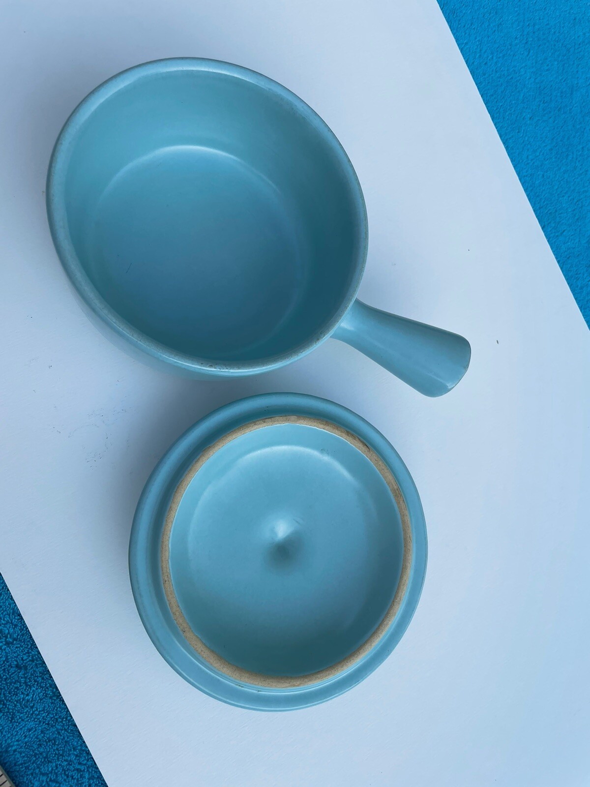 1 La Solana Pottery Aqua Blue w Handle & Lid Dip Chili Soup Bowl Baking Dish