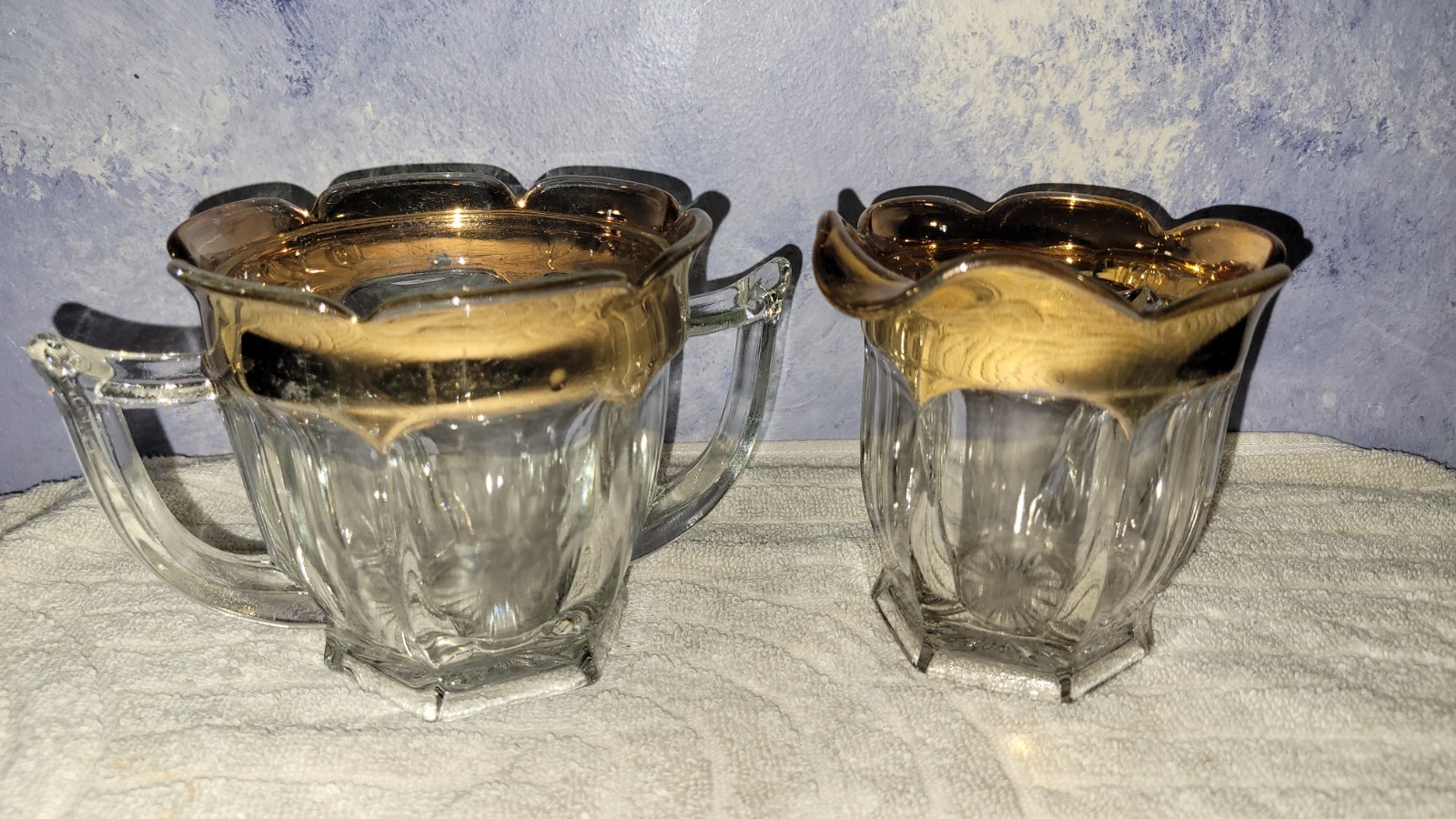Creamer Sugar Set Jeanette Glass Co 24K Gold Decorated Ribbed Vintage