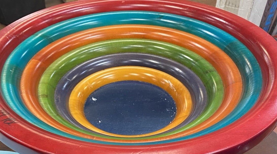 Large Decorative Wooden Bowl, Round Multicolor Striped Pattern, 1 Bowl