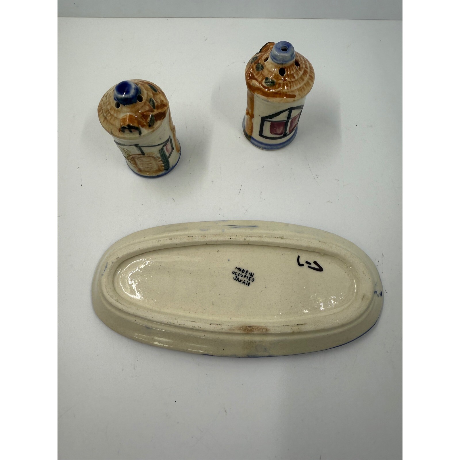 Vintage House Salt and Pepper Shakers with Tray Ceramic Made in occupied Japan