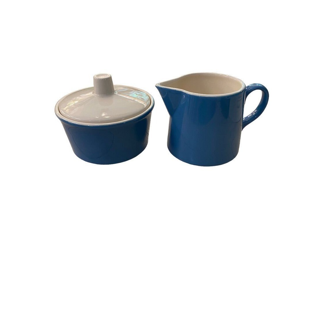 Blue White Ceramic Creamer and Lidded Sugar Bowl Midcentury Style