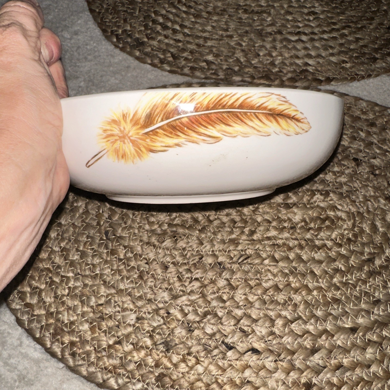 Pier 1 Imports Ironstone Feather 8” Bowl Wrap Around Design Boho Discontinued