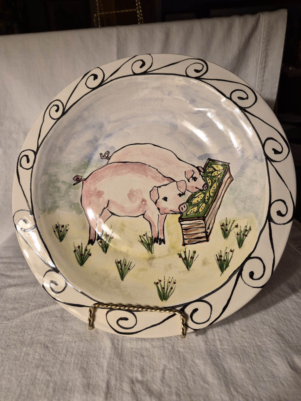 1997 Steve Hasslock 12″ Handpainted PIGS Pottery Signed Plate Farm Cottage