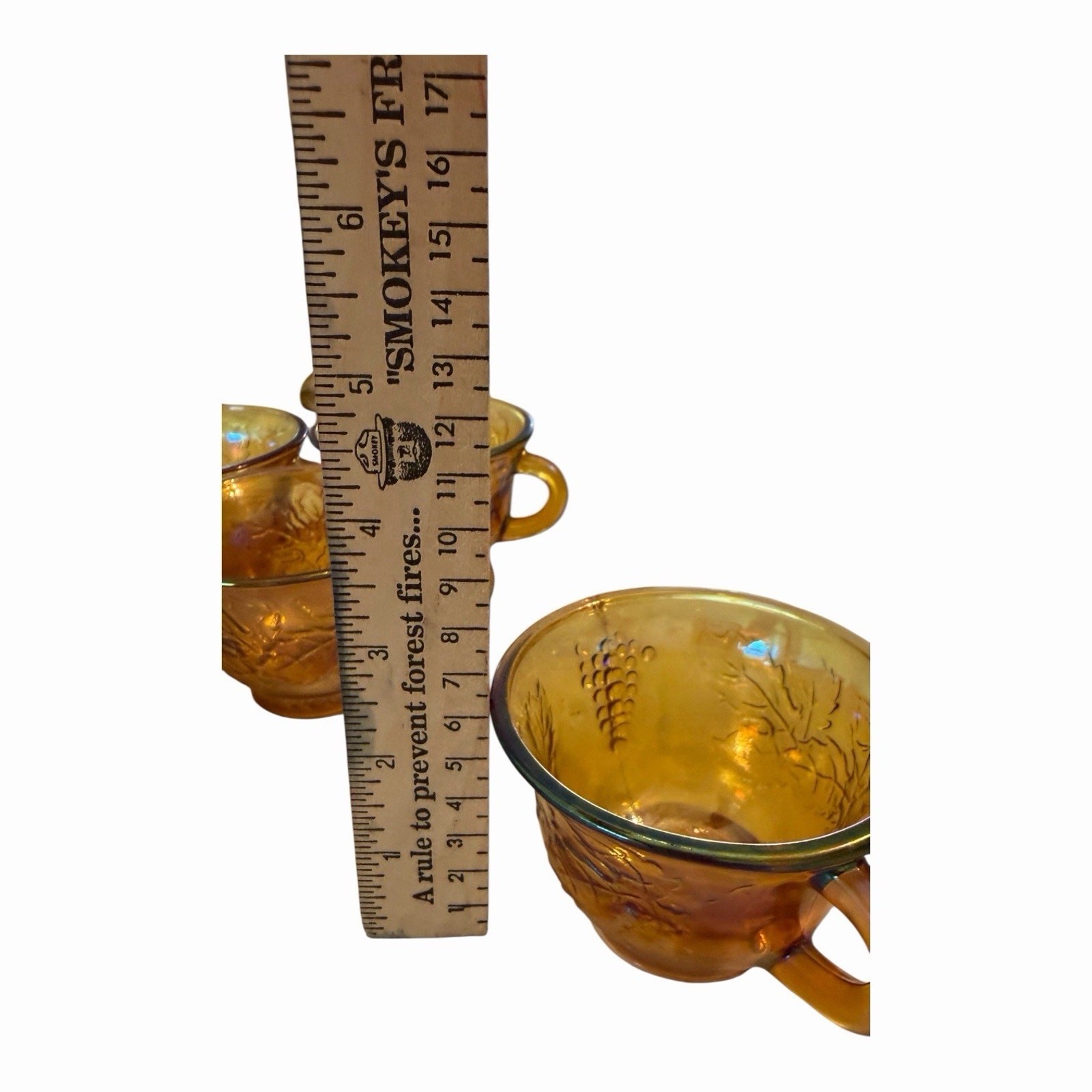 Vintage 6 Carnival Glass Iridescent Amber Punch Bowl Cups Autumn Leaves