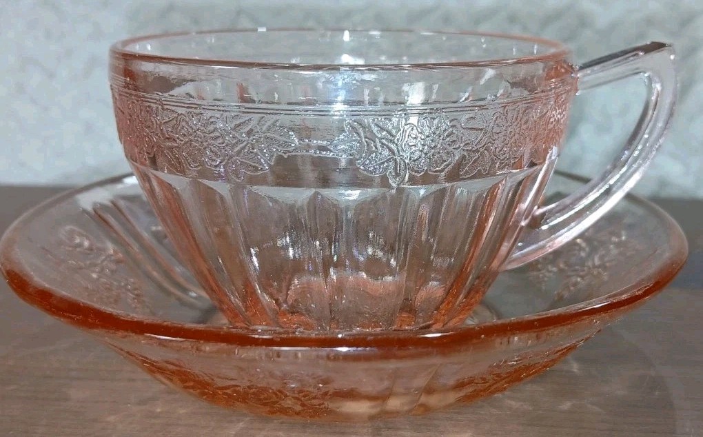Federal Sharon Pink – 3 in Cup & 5 in Saucer – Depression Era – Cabbage Rose