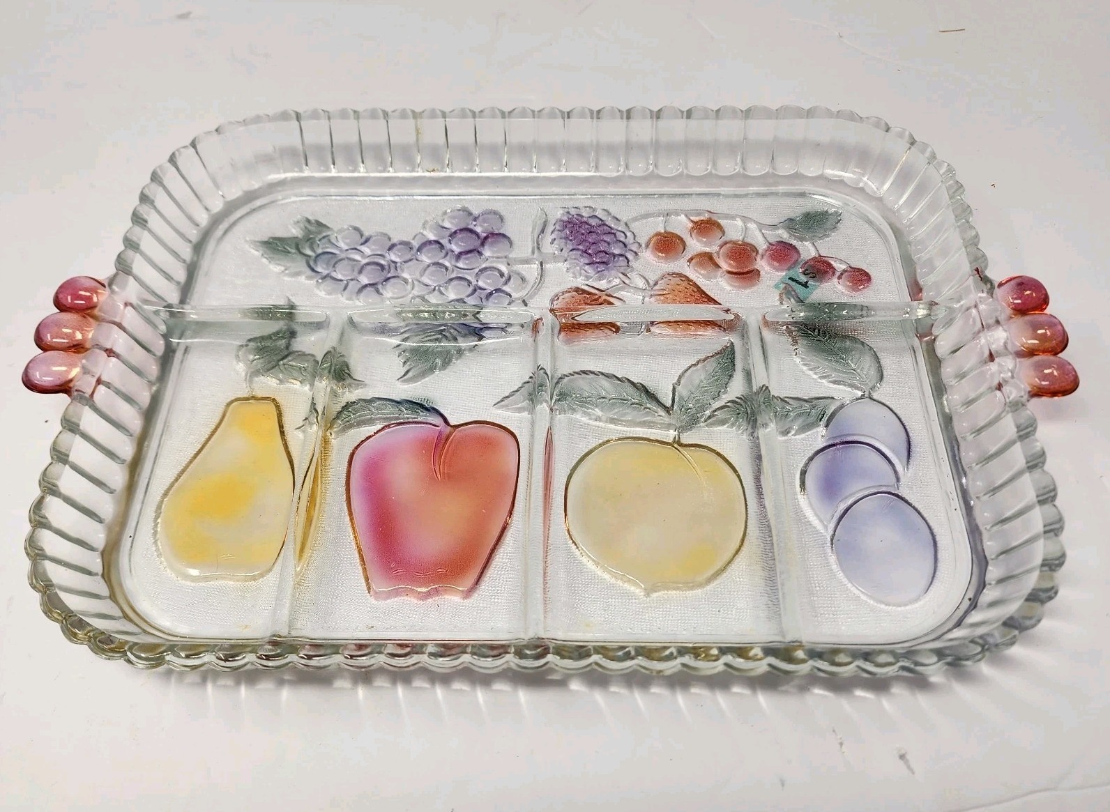 Vintage Indiana Glass Rainbow Mist Divided Relish Serving Tray Fruit 5 Sections