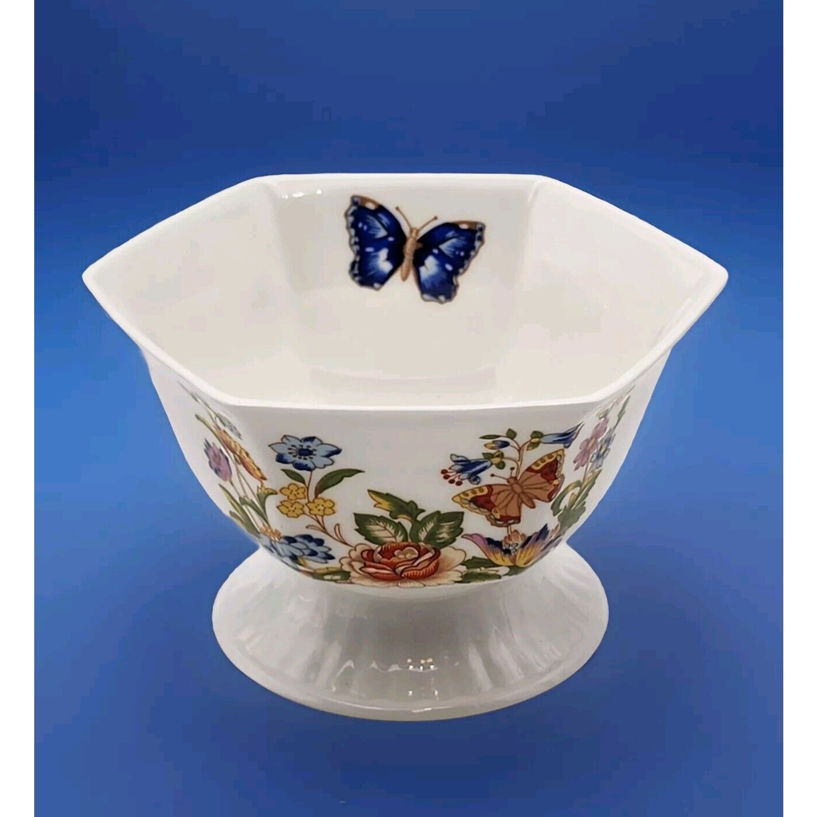 Aynsley Cottage Garden Hexagon Footed Bowl English Bone China 3″ Tall VTG 1985