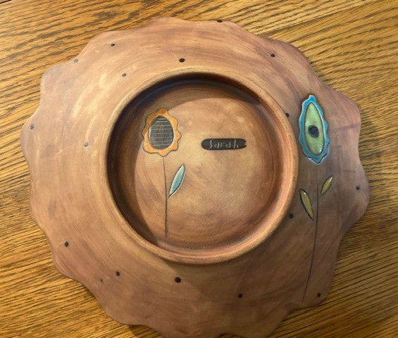 Sarah McCarthy Pottery Large 15″ Scalloped Pedestal Console Dish Floral Folk Art