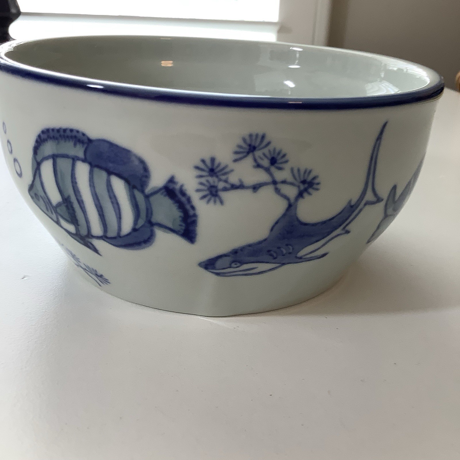 Yokohama Studio Hand Painted Bowl With Cobalt Blue Turtle And Fish Accents