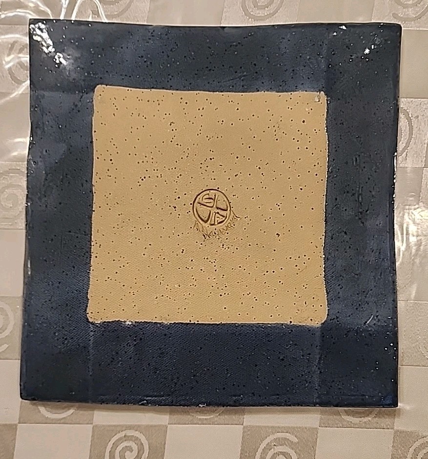 2 Studio Pottery Square Plates Hand Thrown Blue Tan Clay Stamped/Signed 9”, 5.6″