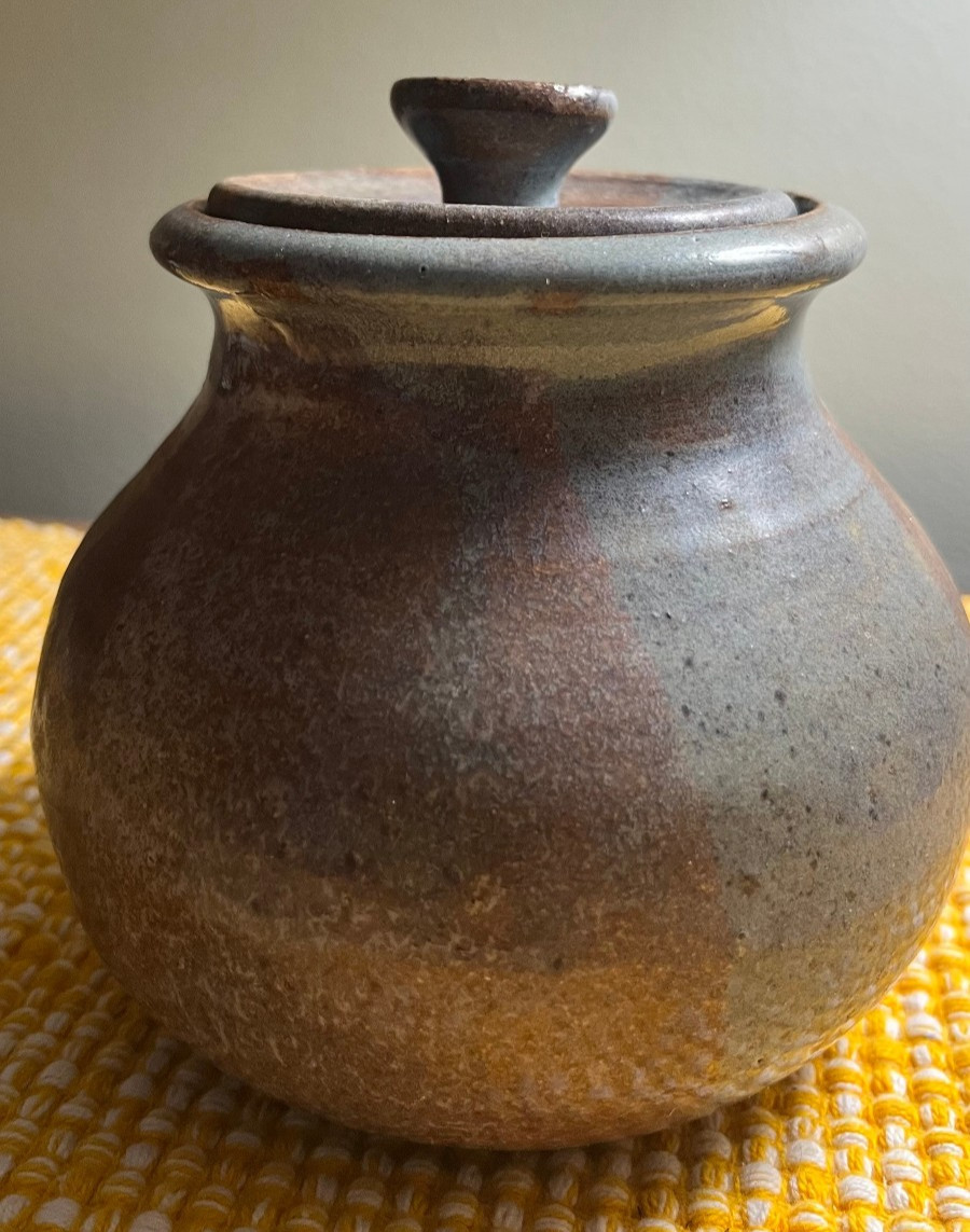 Stoneware Pottery Lidded Ceramic Jar Colored w/Brown, Tan Grey Glaze