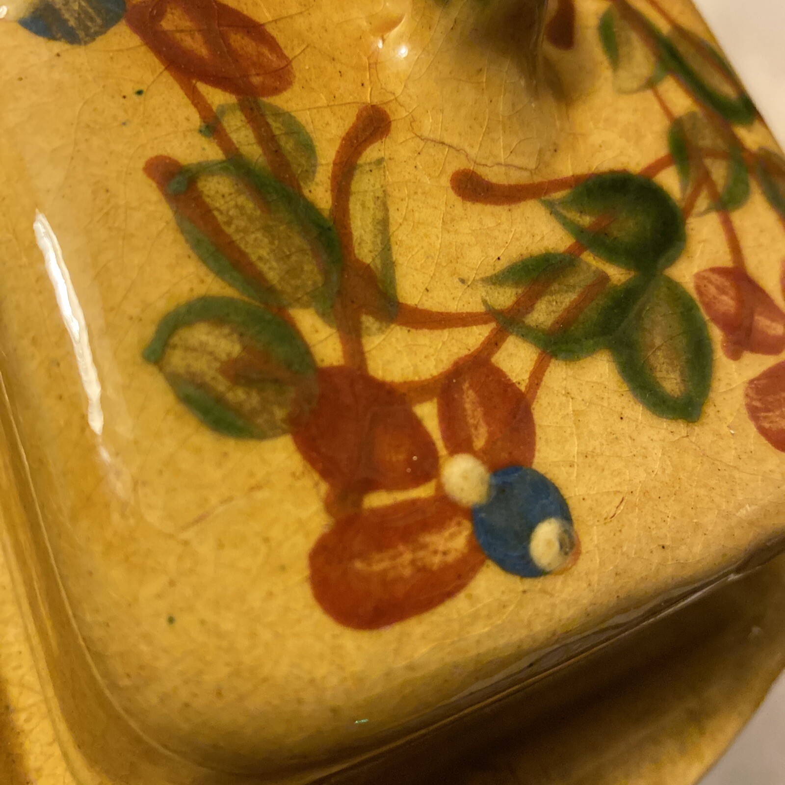 Pound BUTTER or CHEESE Heavy Red Clay Dish WITH LID Berries And Leaves Vintage