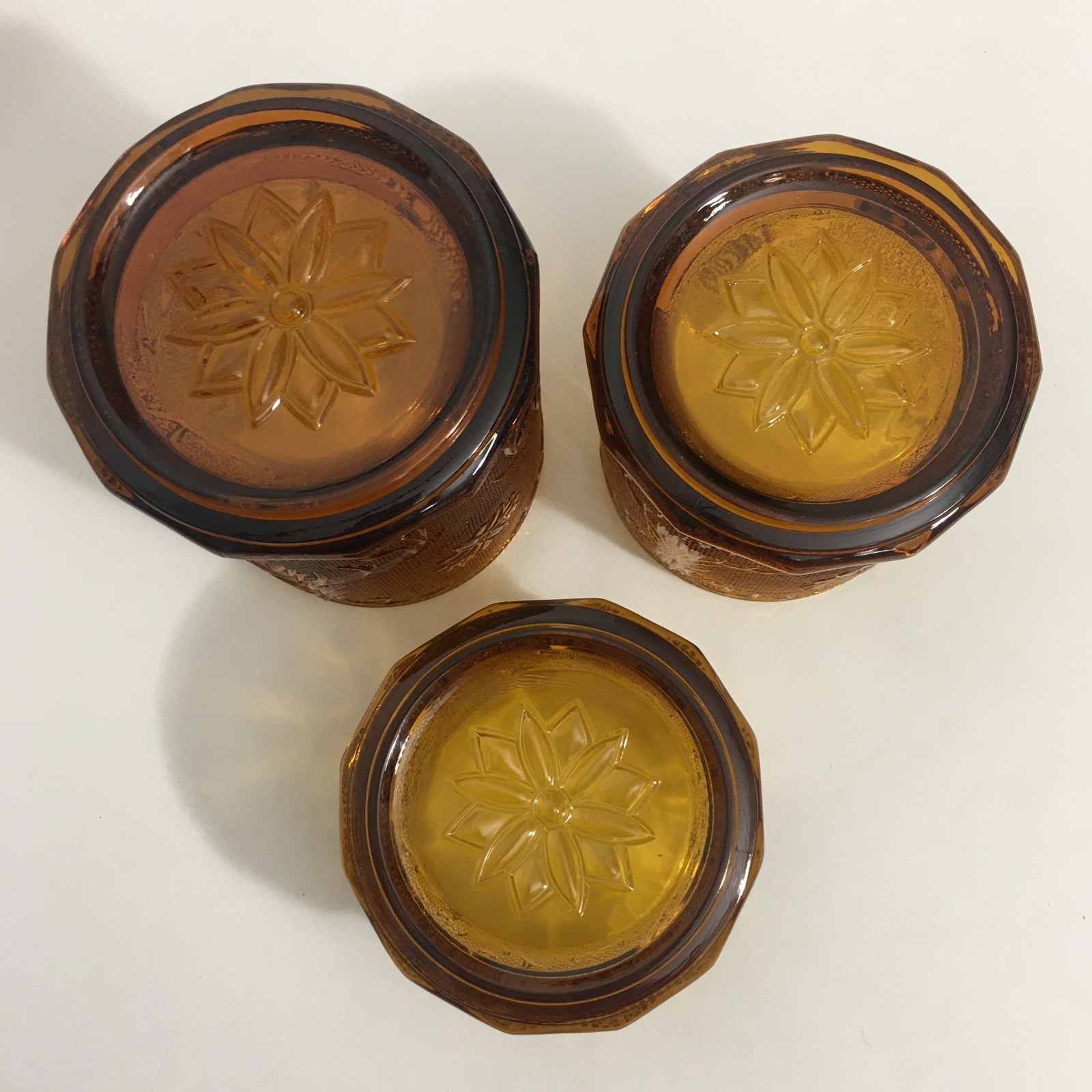 1980s TIARA Indiana Glass Amber Sandwich Pattern 3 Piece Canister Set lids NEW