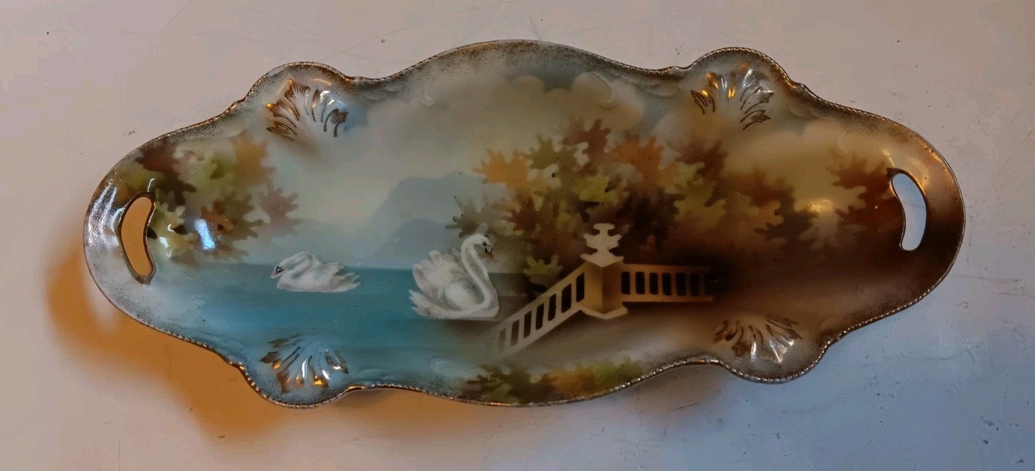 Vintage R S Prussia Porcelain Relish Dish with Swans on Lake – 8 1/8 inches long