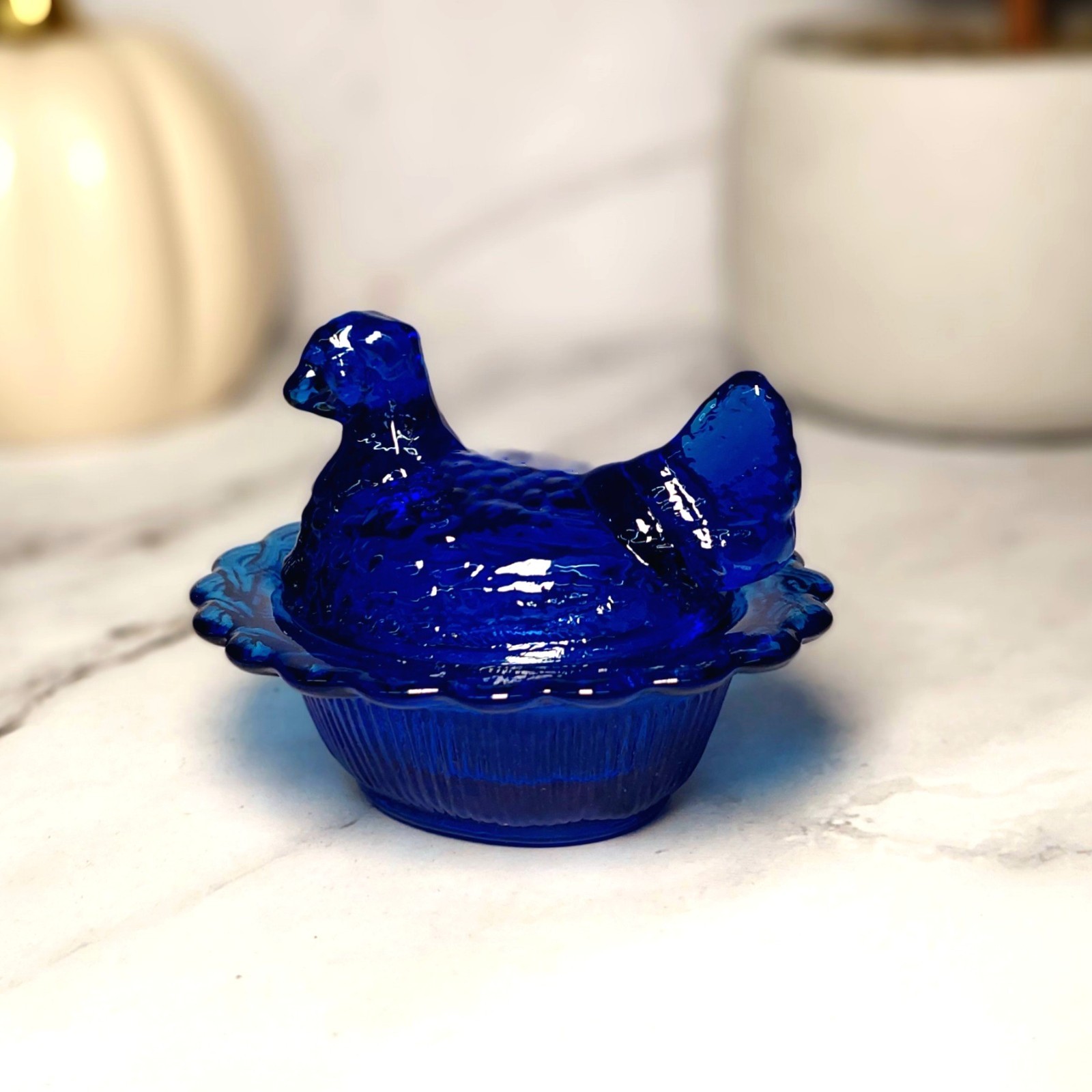 Mosser Cobalt Blue Glass Hen on Nest Salt Dish, Mini Chicken, Vintage Style