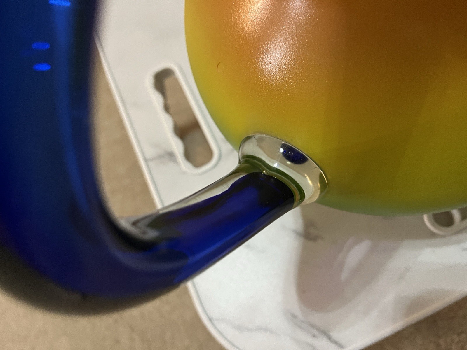 Hand Blown Orange Yellow Green Cobalt Blue trim 6 Tumblers & Pitcher