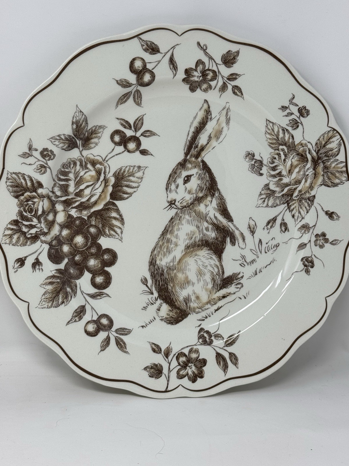 2 New Maxcera Toile Bunny Brown Rabbit Easter 11 1/2 Plates VHTF