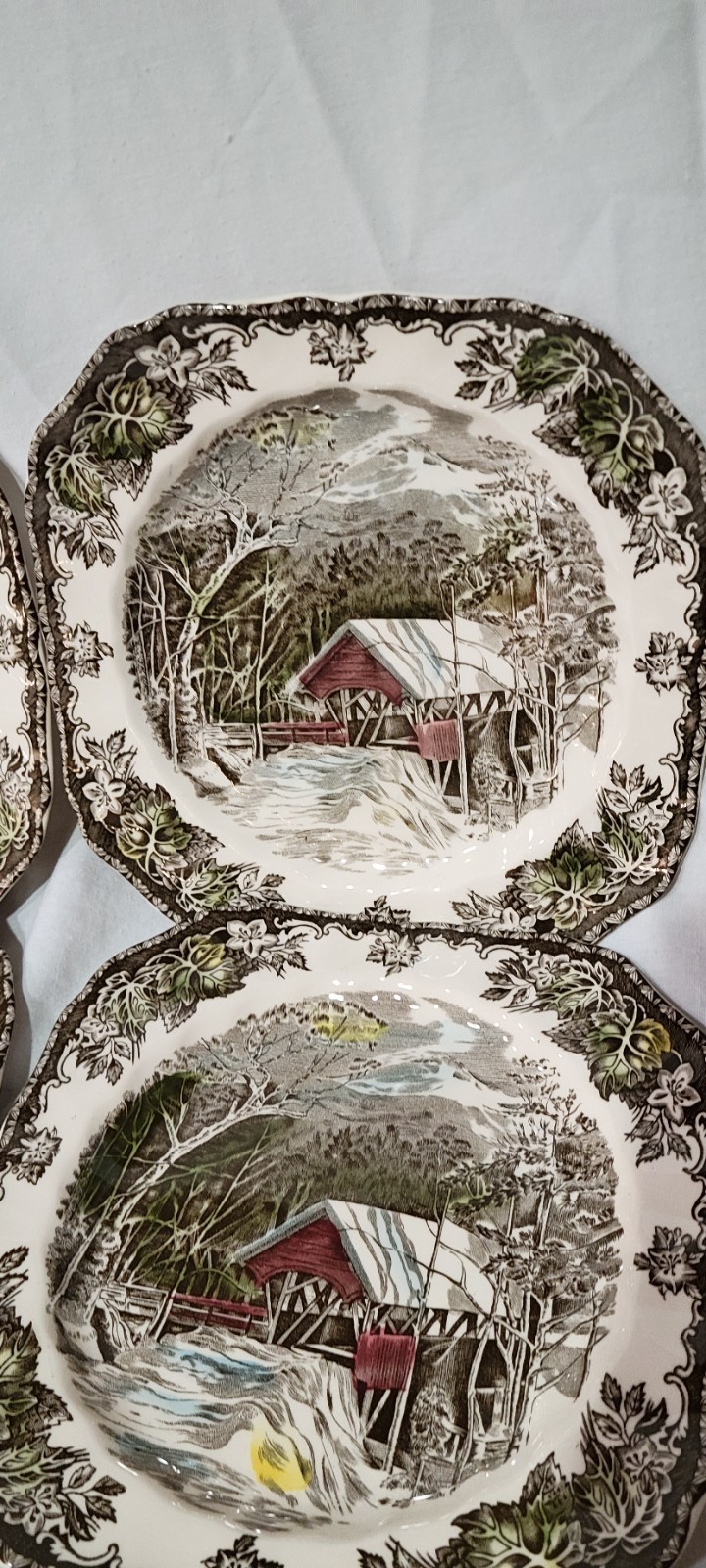 4 Johnson Bros Friendly Village Covered Bridge Square Plates Made in England