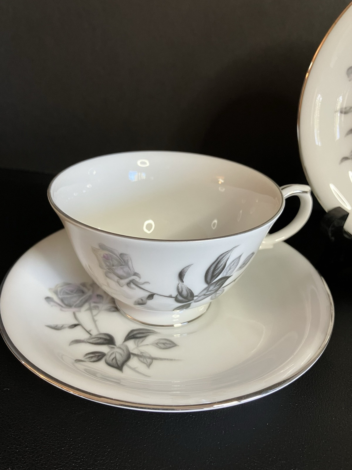 Yamaka Fine China, Nocturne Gray Rose, 2 sets of Cups & Saucers, Platinum Rim