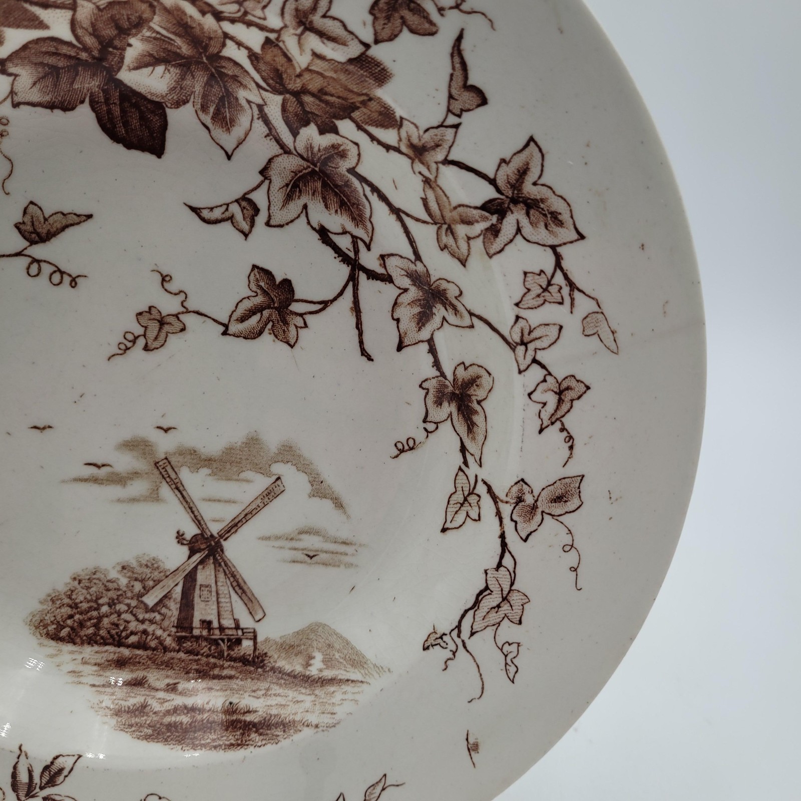 Antique c1890 JH Davis Victor Brown Earthenware Transferware Windmill Dish Plate