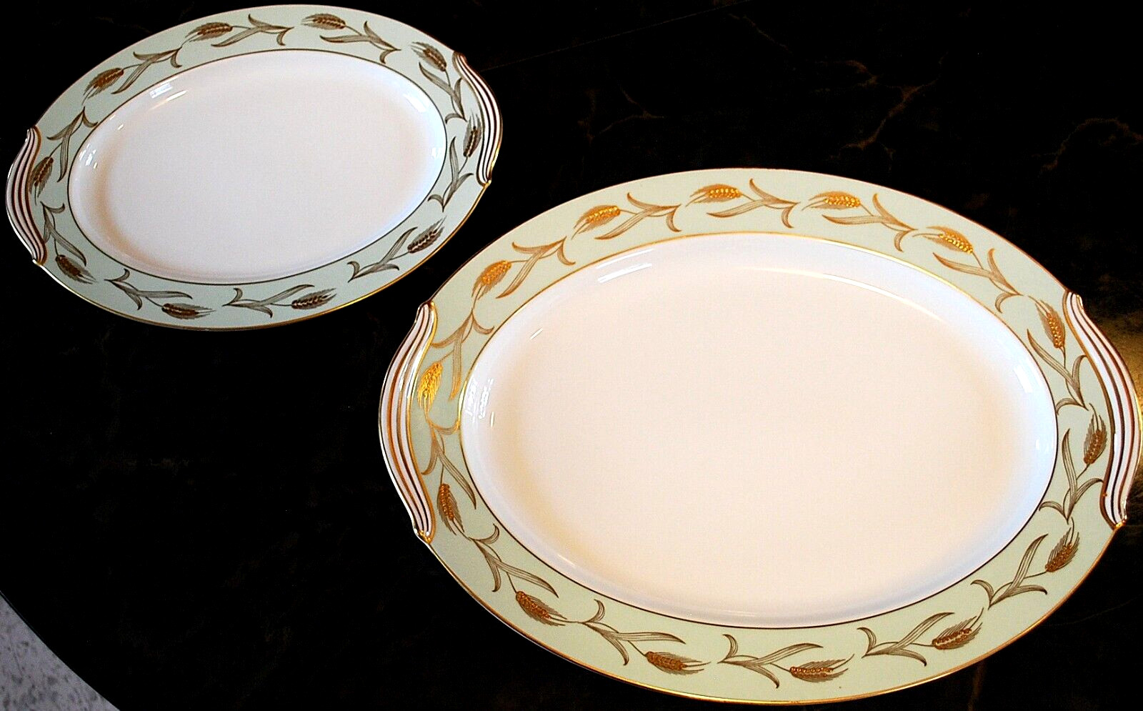 Set 2 Vintage Noritake ALICE Platters 16″ & 12″ GOLD WHEAT ON AQUA BAND c1951