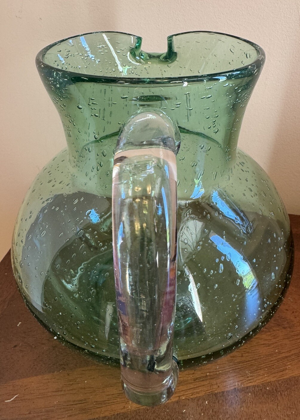 END 7/23 Large Hand Blown Green Bubble Glass Pitcher Heavy Applied Handle Seeded