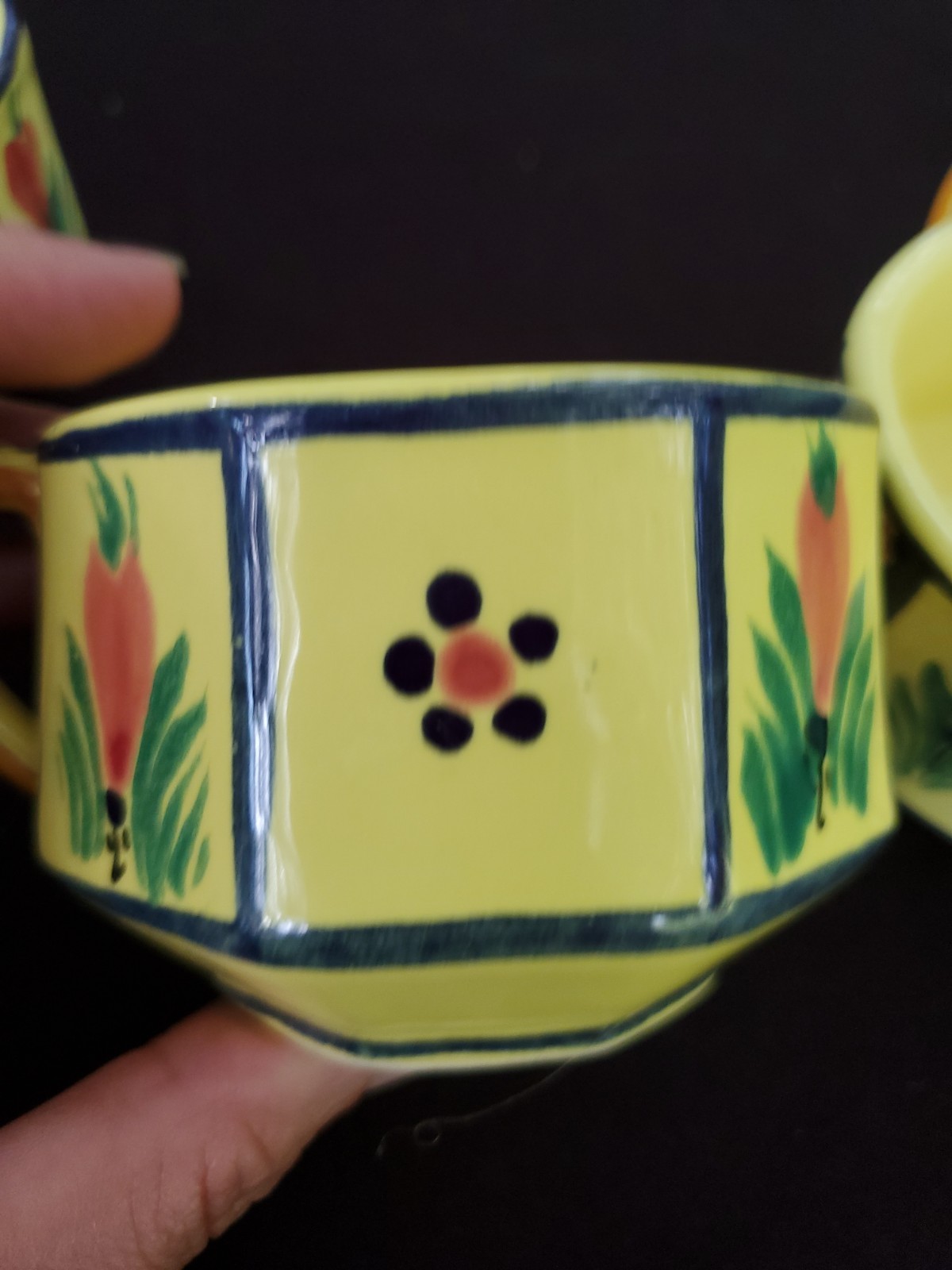 Vintage HB Quimper Soleil Yellow Cups Mugs- Set Of 4 France