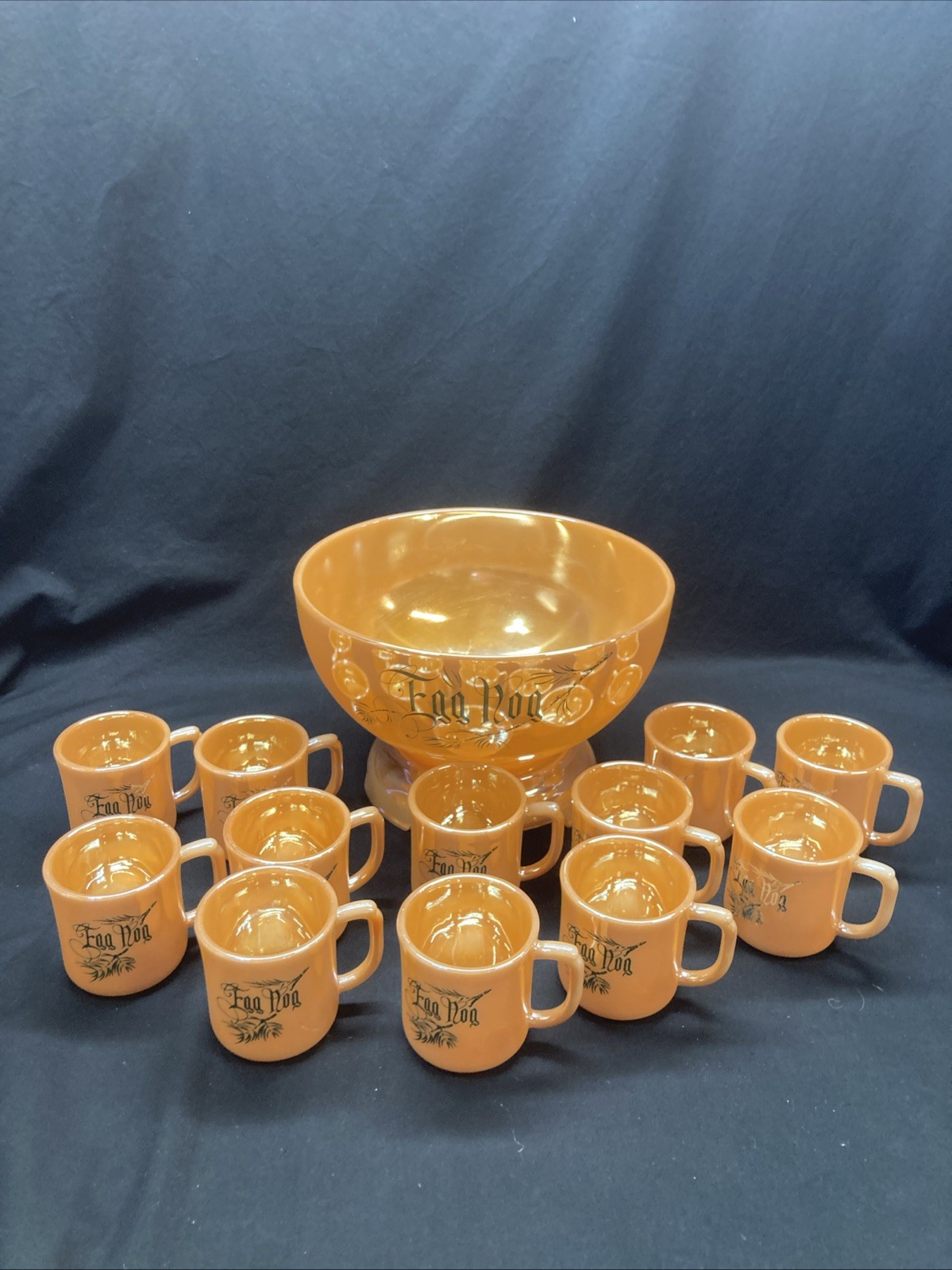 eggnog punch bowl set vintage Tom & Jerry Peach Luster Fire King W/stand 12 Cups