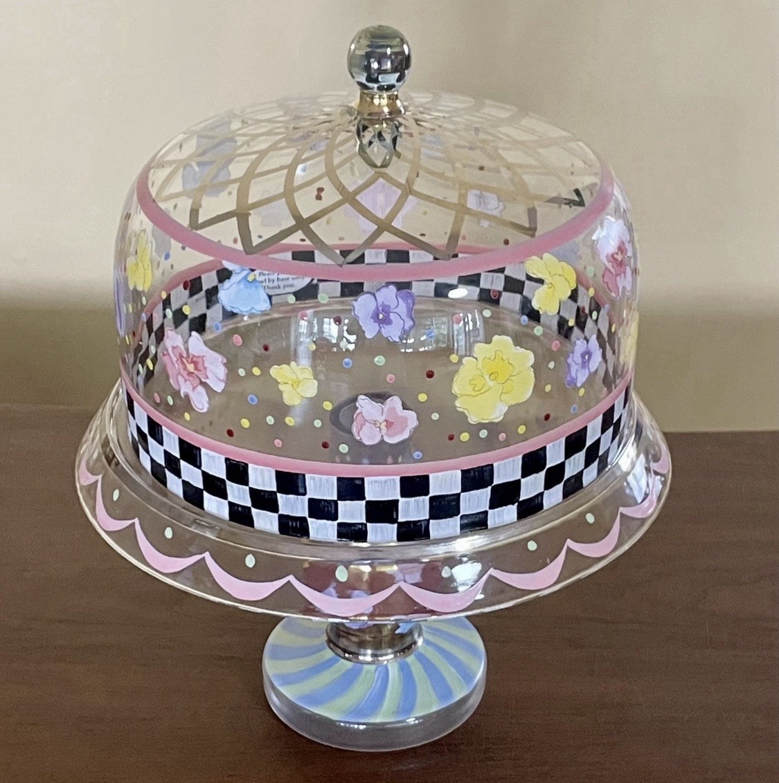 Mackenzie Childs Pansy Glass Pedestal Cake Stand and Dome HTF Excellent