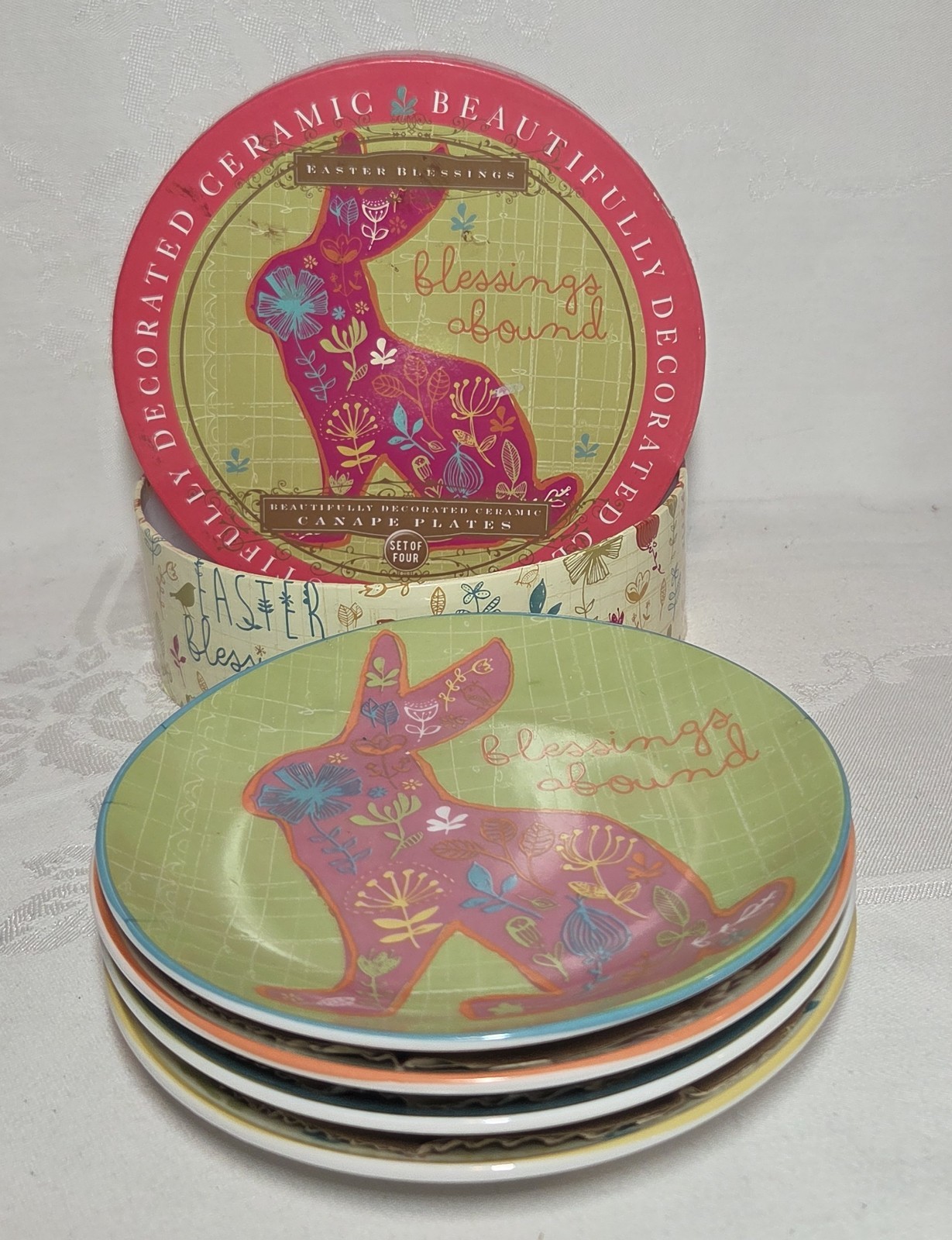 4 Certified International EASTER RABBIT BUNNY BLESSINGS Appetizer Plates w/Box