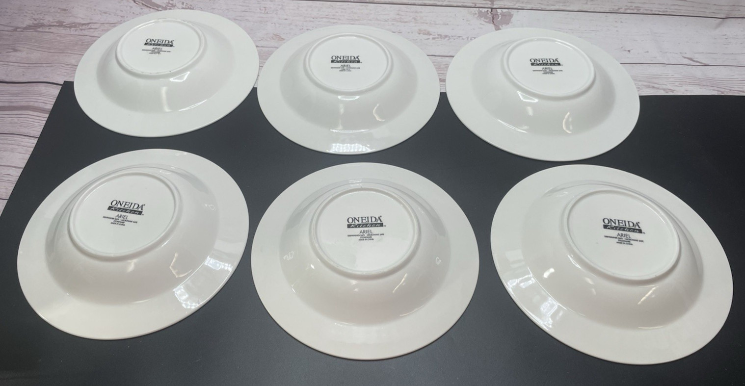 ONEIDA ARIEL PATTERN SOUP BOWLS SET OF 6 WHITE EMBOSSED RIM 8-7/8in ATHENA