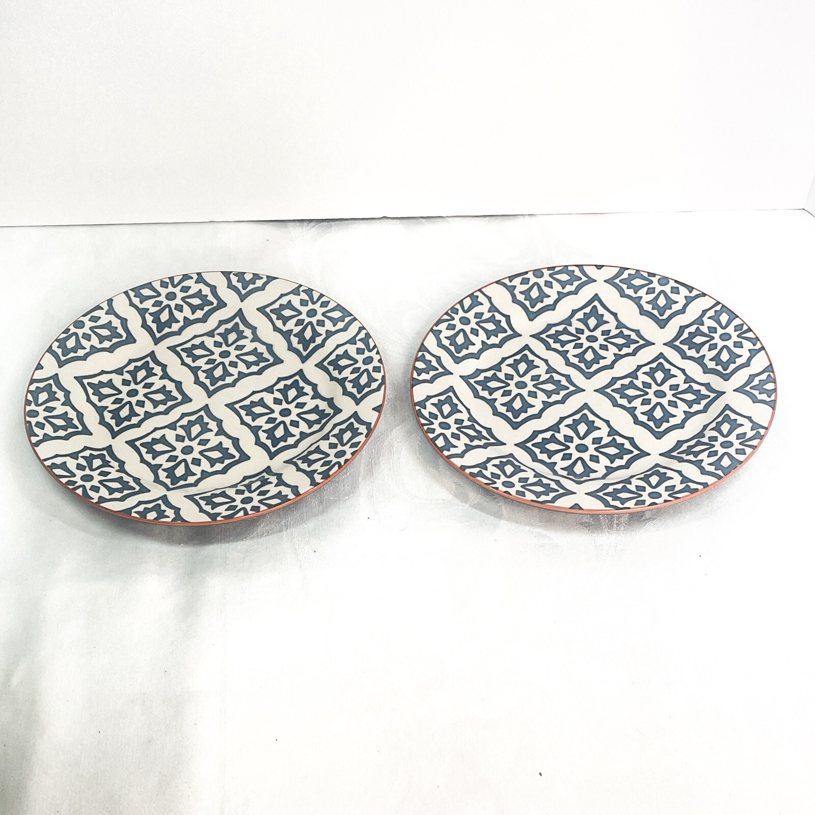 Baum Salad Plate set of Two SEVILLE blue design on off white brick Red edge 8″