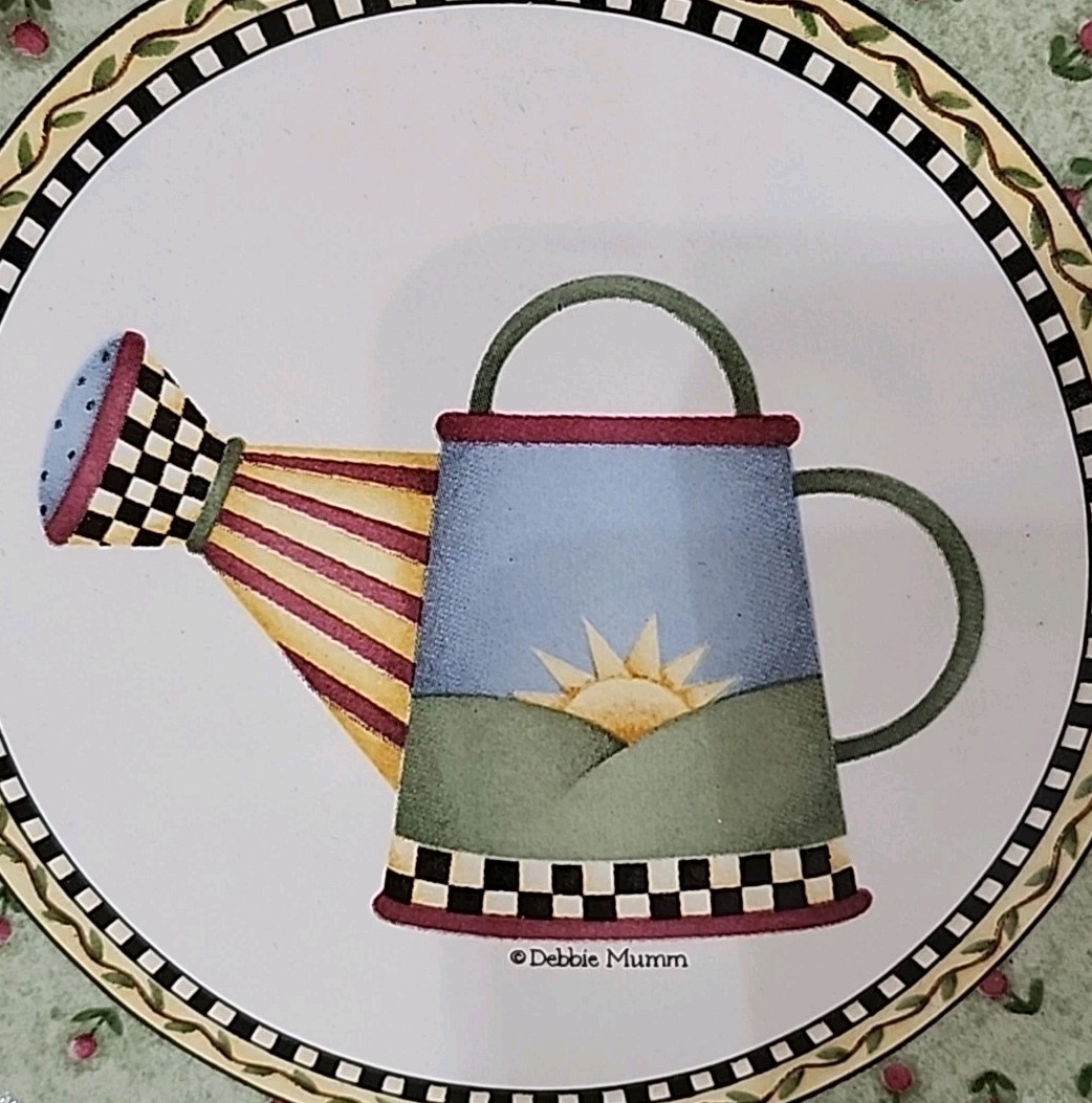 NIB 4 Sakura Watering Can Salad Plates 8″W Debbie Mumm Vtg Floral Checkerboard