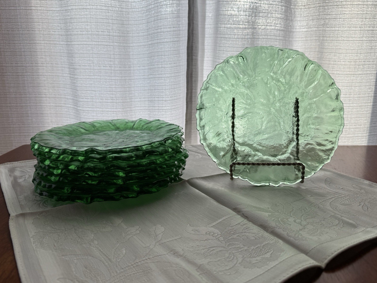 Vintage Morgantown Crinkle Glass Green Plates. 7 3/4 Inches diameter Set of 8
