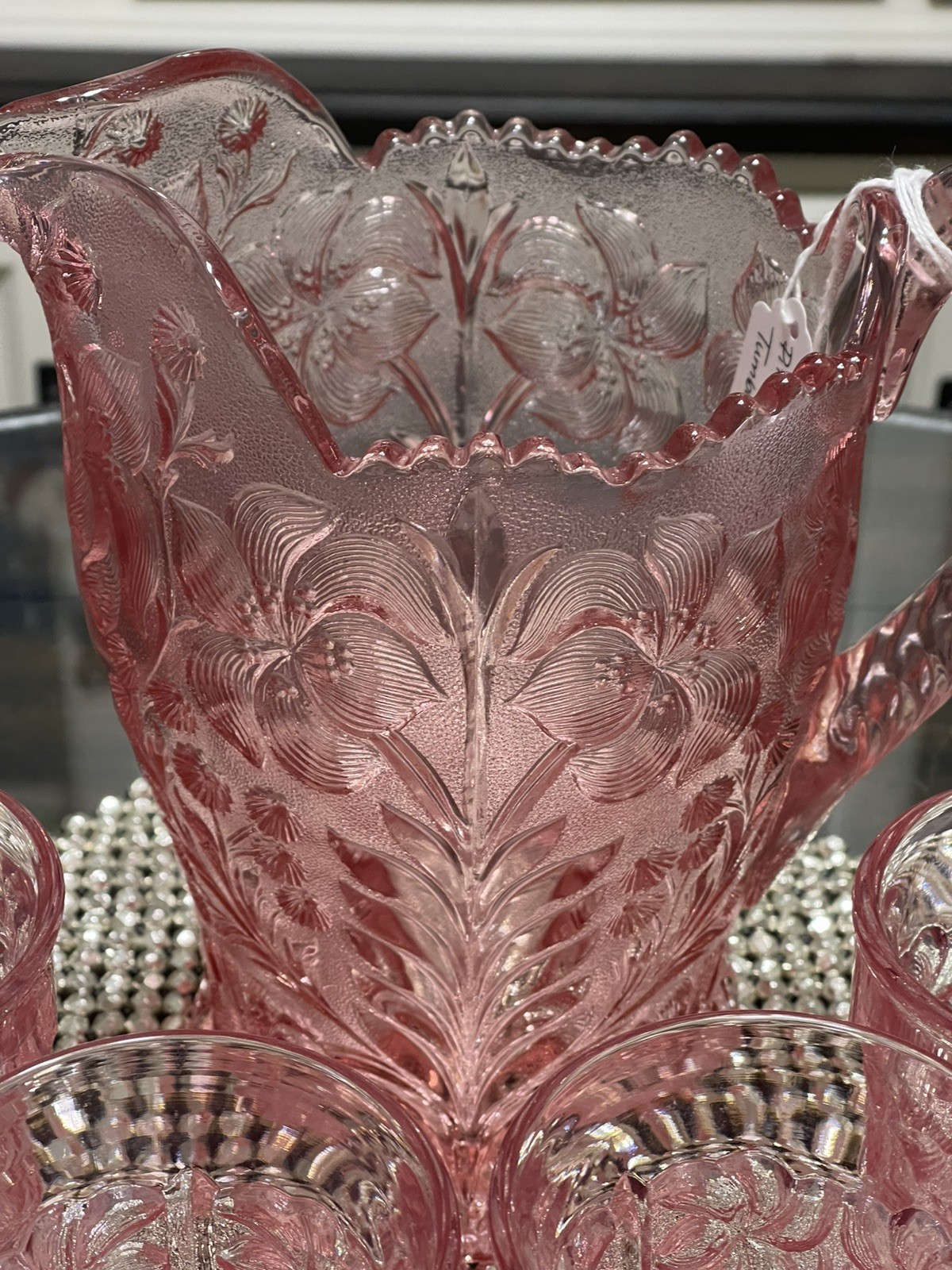 NEW! L E Smith Dogwood Pink Pitcher & Eight 4.25” Tumblers 8 oz w Original Boxes