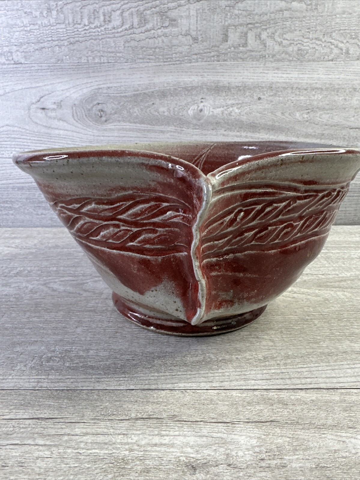 Studio Made Pottery Bowl Pinched Side Red Gray Abstract Design Signed