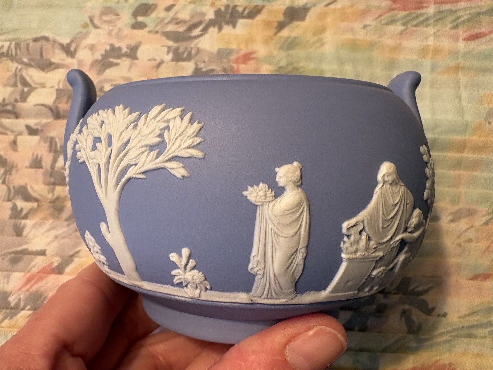 Wedgwood Blue Jasperware Covered Sugar Bowl Neoclassical Relief EUC Vintage Lid