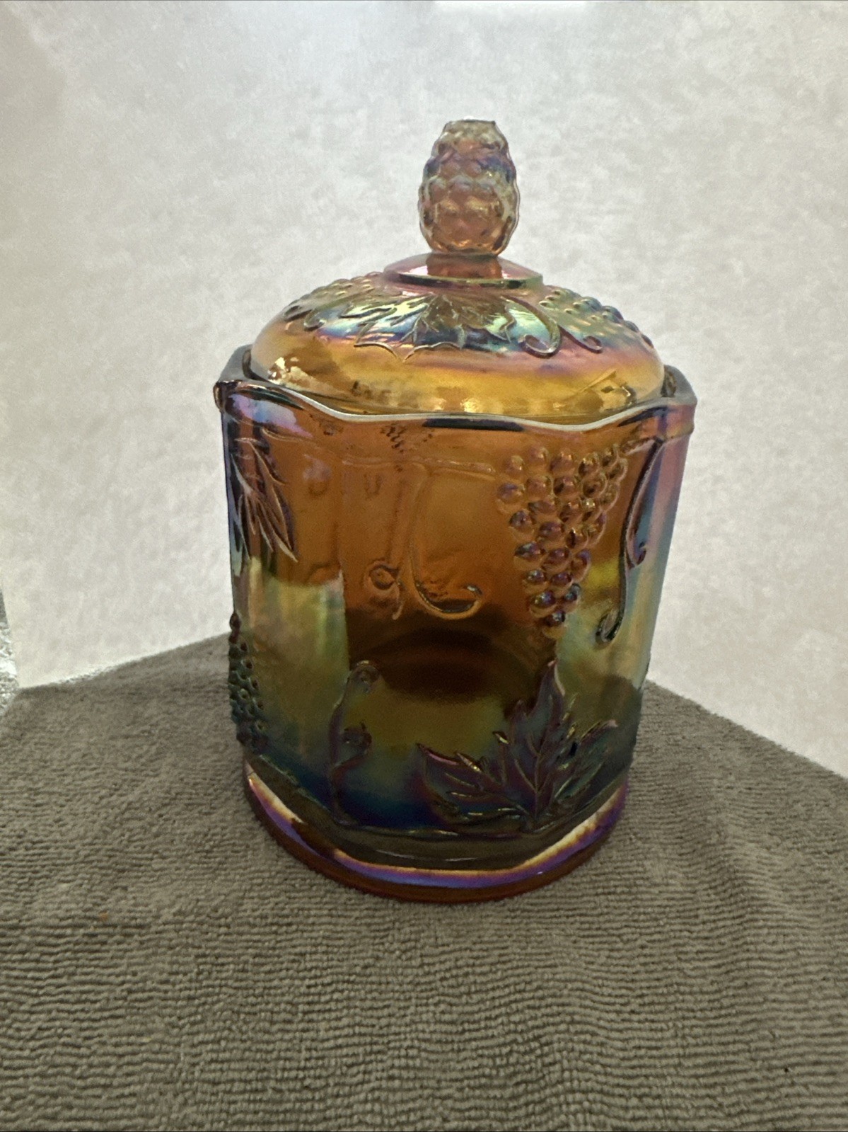 Vtg Indiana Carnival Glass Candy Biscuit Jar Harvest Grape Iridescent Amber Gold
